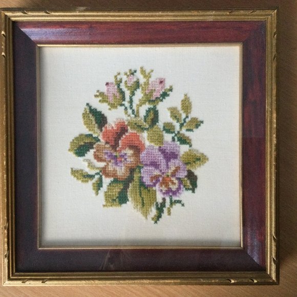 vintage framed needlepoint floral Hudson's bay company picture department small - Picture 1 of 4